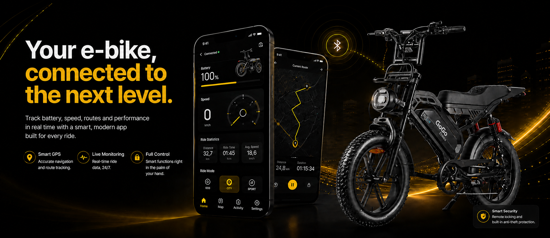 GoGo app on a phone showing battery level, speed and route tracking, beside a GoGo e-bike